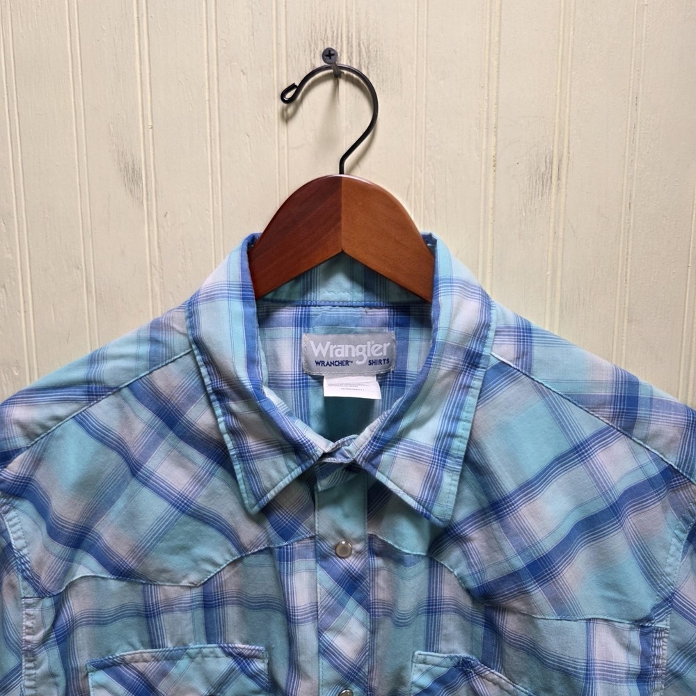 Wrangler Shirt‎ Mens Large Blue Plaid Short Sleeve Western Snap Pockets Casual
